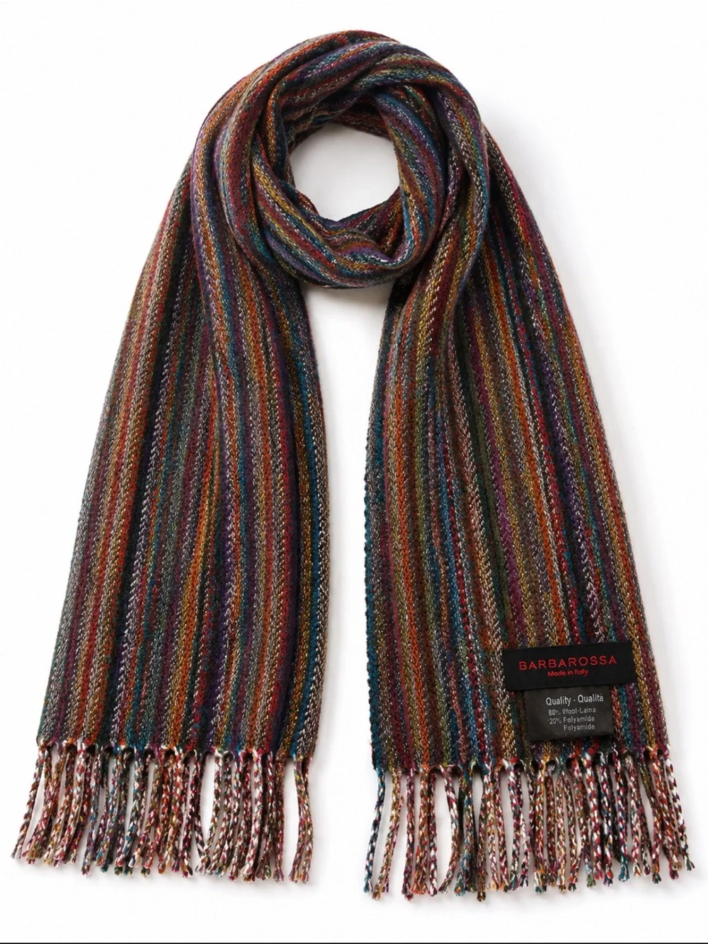 Barbarossa Made in Italy Wool Blend Multicolor Striped Fringe Scarf 80% Wool